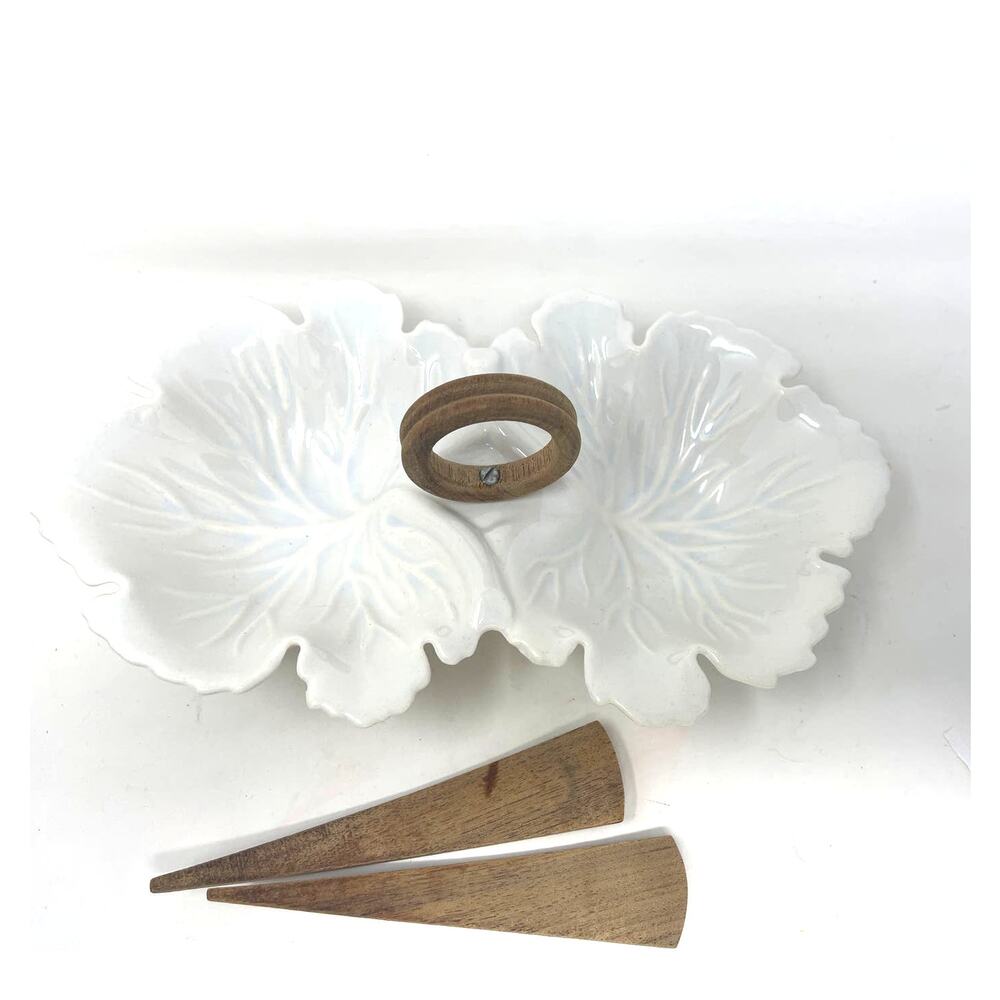 U.S.A Pottery MCM Leaf Shape Relish Serving Dish Wood Handle & Spoons Vintage